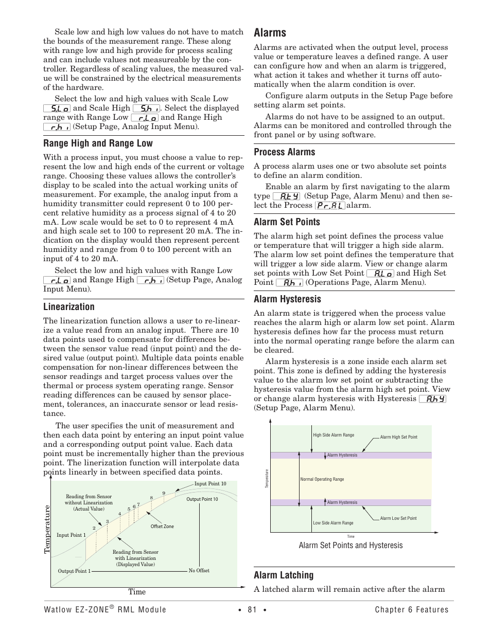 Alarms, Range high and range low, Linearization | Process alarms, Alarm set points, Alarm hysteresis, Alarm latching | Watlow EZ-ZONE RM Limit Module Rev C User Manual | Page 84 / 127