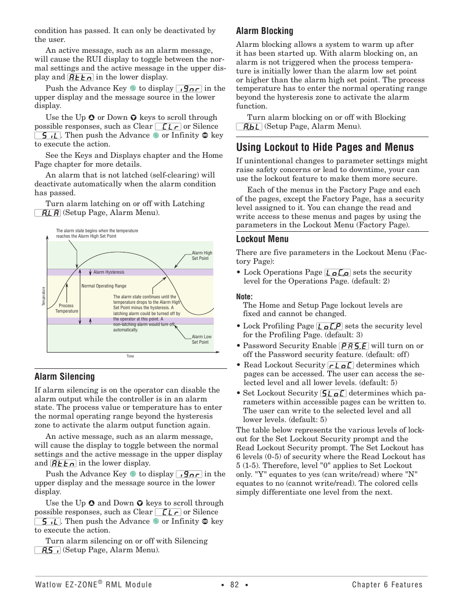 Alarm silencing, Alarm blocking, Lockout menu | Using lockout to hide pages and menus | Watlow EZ-ZONE RM Limit Module Rev C User Manual | Page 85 / 127