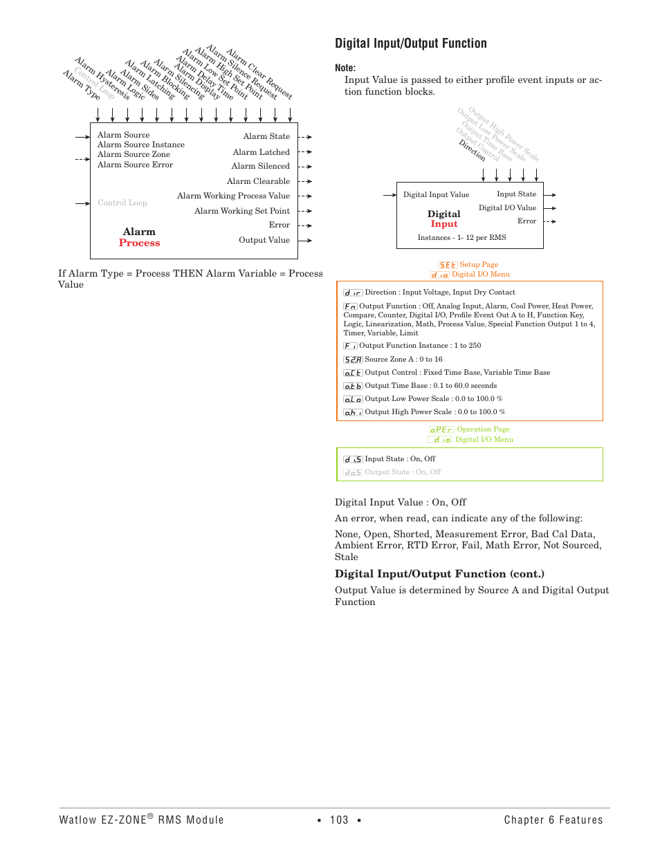 Digital input/output function, Watlow ez-zone, Rms module | Chapter 6 features, Digital input/output function (cont.) | Watlow EZ-ZONE RM-Scanner-Modul User Manual | Page 106 / 140