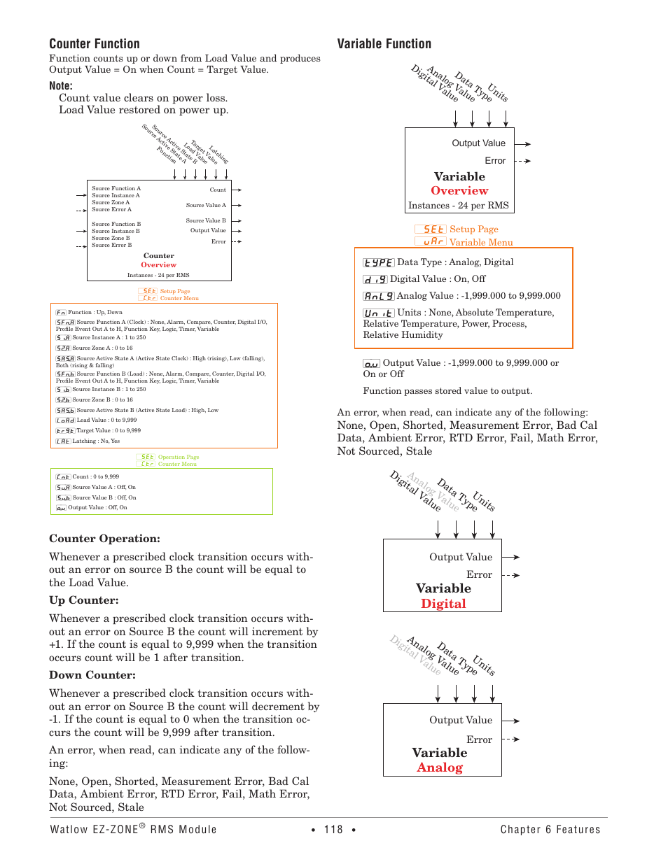 Counter function, Variable function, Variable digital | Variable analog, Variable overview, Watlow ez-zone, Rms module, Chapter 6 features | Watlow EZ-ZONE RM-Scanner-Modul User Manual | Page 121 / 140