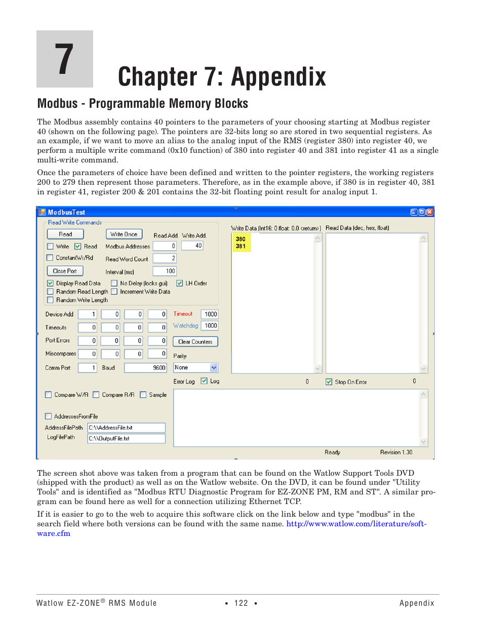 Chapter 7: appendix, Modbus - programmable memory blocks, Modbus programmable memory blocks | Modbus programmable, Memory blocks | Watlow EZ-ZONE RM-Scanner-Modul User Manual | Page 125 / 140