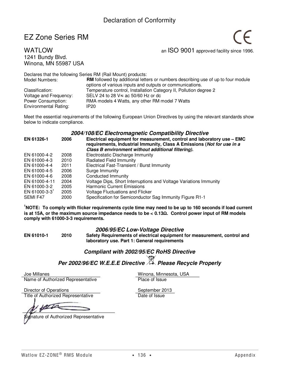 Ez zone series rm, Declaration of conformity, Watlow | Iso 9001 | Watlow EZ-ZONE RM-Scanner-Modul User Manual | Page 139 / 140