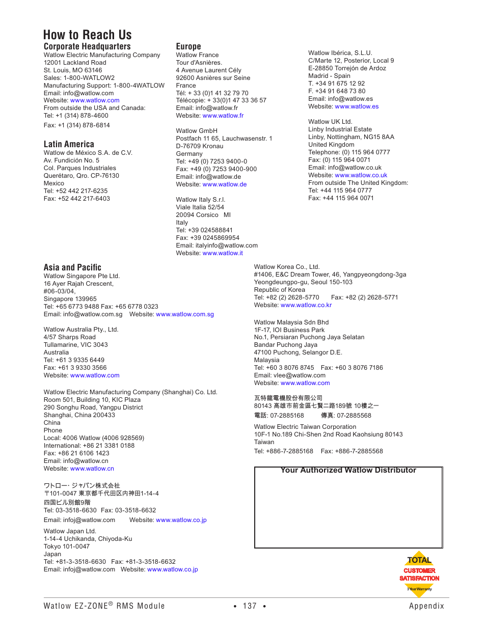 How to reach us, Corporate headquarters, Latin america | Europe, Asia and pacific | Watlow EZ-ZONE RM-Scanner-Modul User Manual | Page 140 / 140