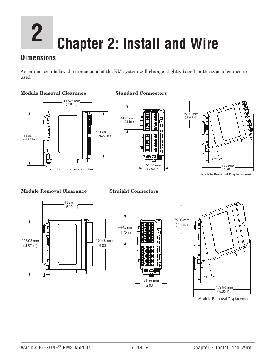 Dimensions, Chapter 2: install and wire | Watlow EZ-ZONE RM-Scanner-Modul User Manual | Page 17 / 140