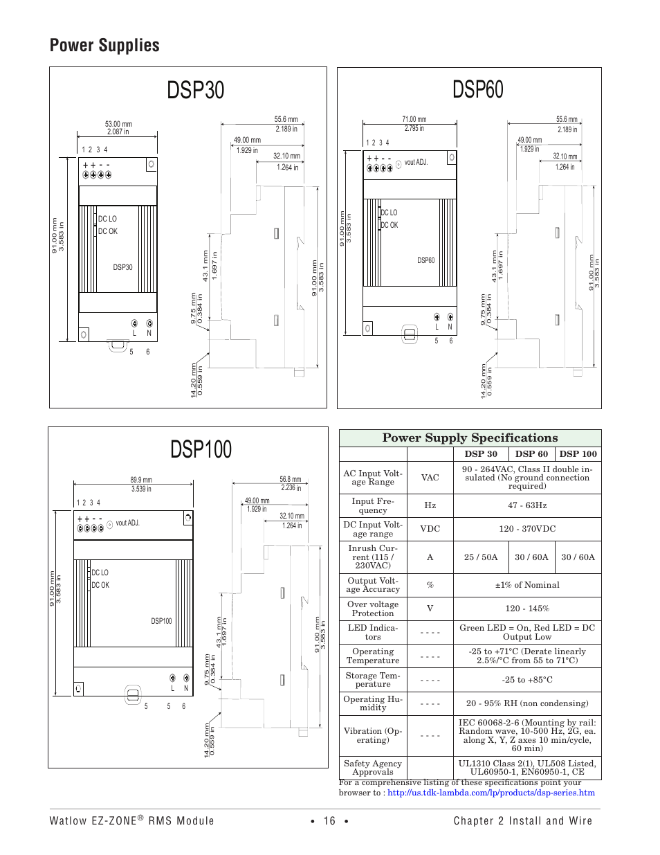 Power supplies, Dsp30, Dsp60 | Dsp100, Power supply specifications | Watlow EZ-ZONE RM-Scanner-Modul User Manual | Page 19 / 140