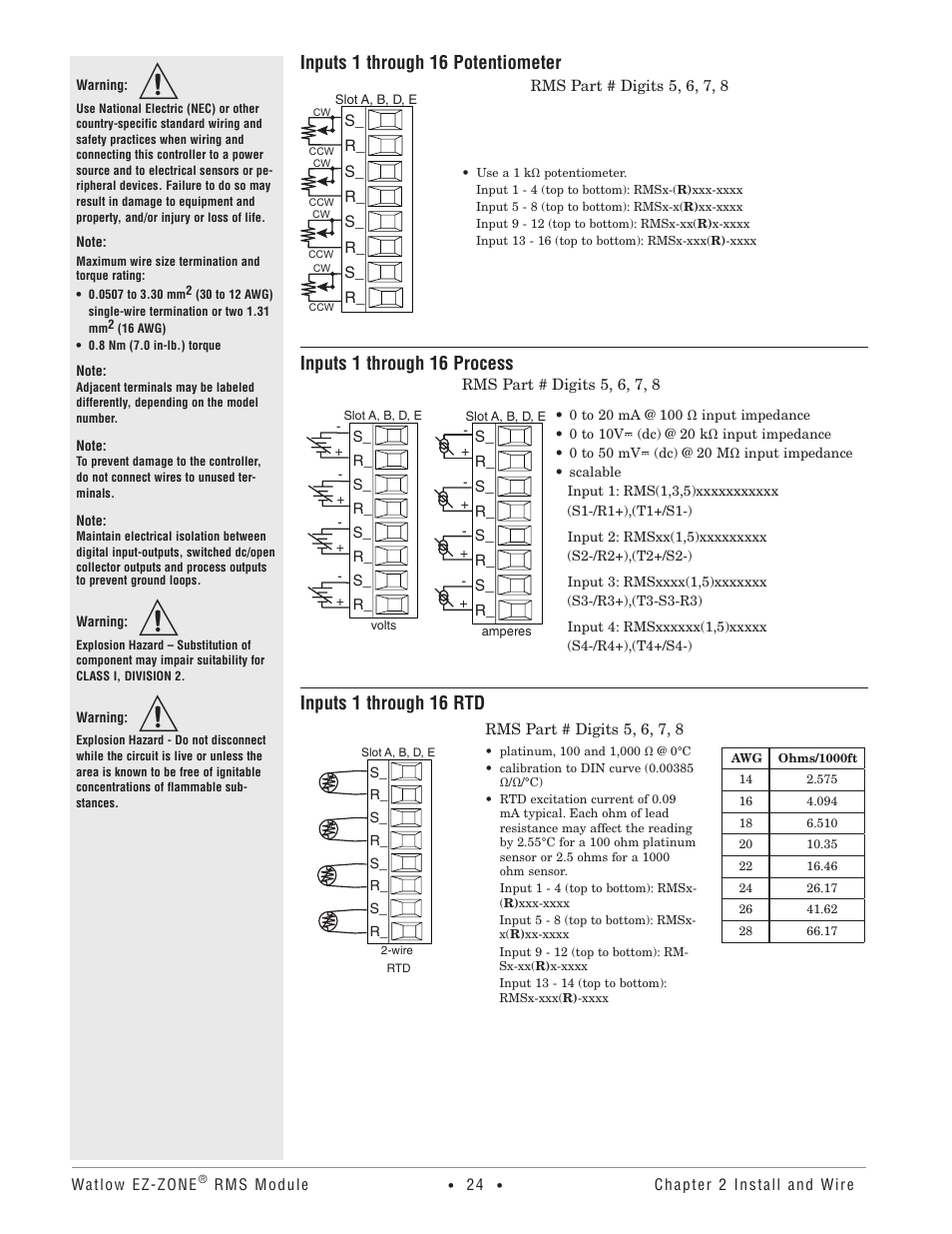 Inputs 1 through 16 potentiometer, Inputs 1 through 16 process, Inputs 1 through 16 rtd | Watlow EZ-ZONE RM-Scanner-Modul User Manual | Page 27 / 140