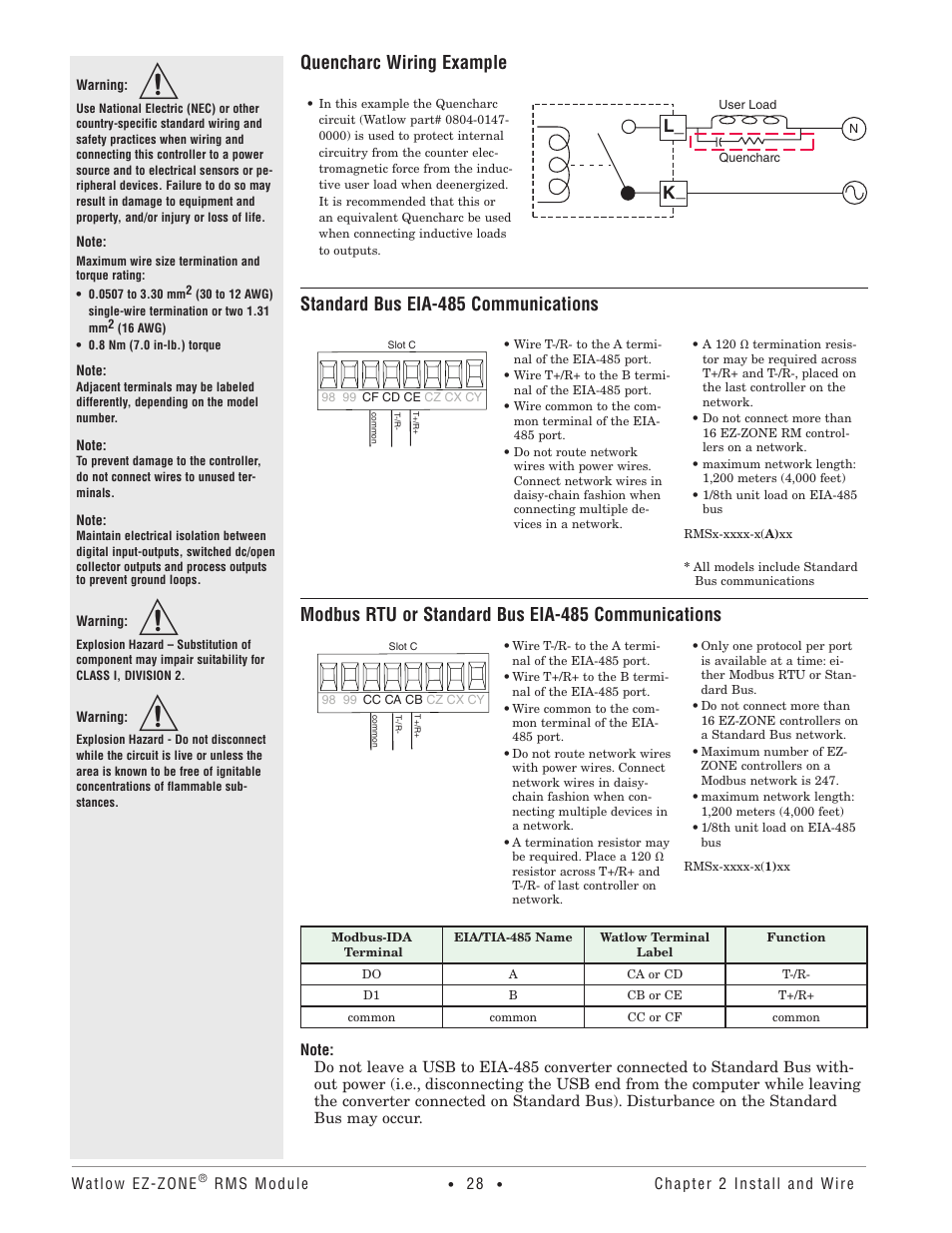 Quencharc wiring example, Standard bus eia-485 communications, Modbus rtu or standard bus eia-485 communications | L_ k | Watlow EZ-ZONE RM-Scanner-Modul User Manual | Page 31 / 140