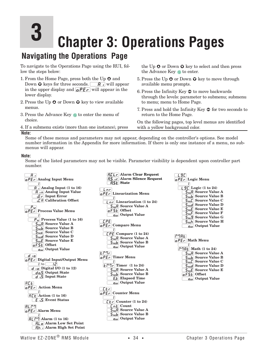Chapter 3: operations pages, Navigating the operations page | Watlow EZ-ZONE RM-Scanner-Modul User Manual | Page 37 / 140