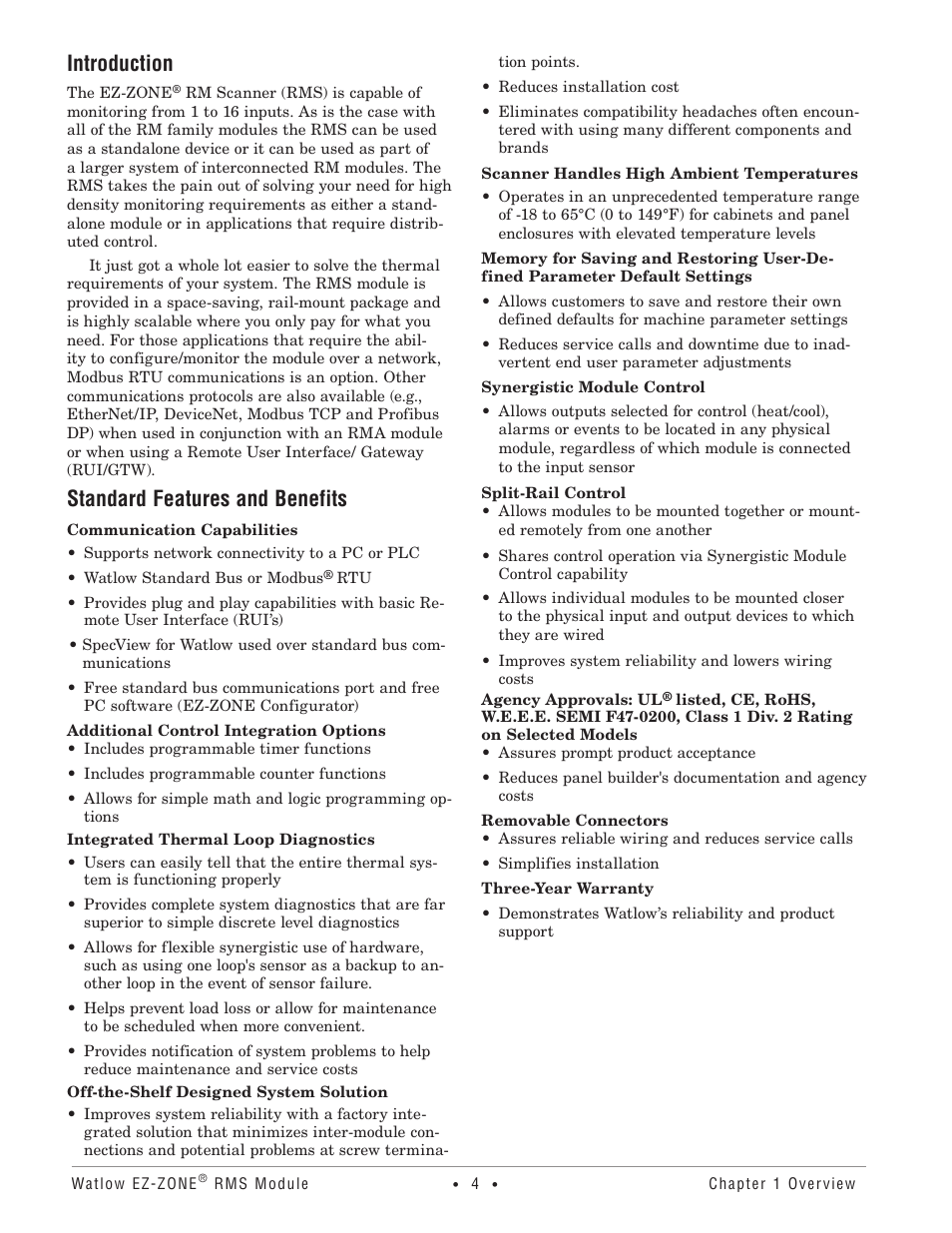 Introduction, Standard features and benefits | Watlow EZ-ZONE RM-Scanner-Modul User Manual | Page 7 / 140