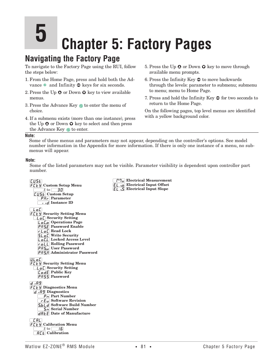 Factory, Chapter 5: factory pages, Navigating the factory page | Watlow EZ-ZONE RM-Scanner-Modul User Manual | Page 84 / 140