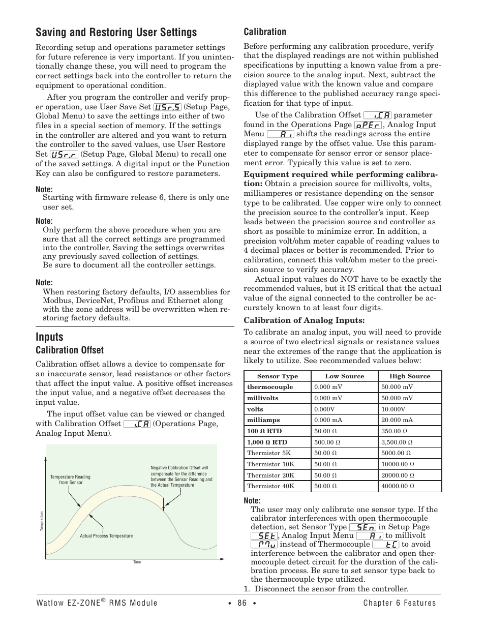Saving and restoring user settings, Inputs, Saving and restoring user settings inputs | Calibration offset, Calibration | Watlow EZ-ZONE RM-Scanner-Modul User Manual | Page 89 / 140