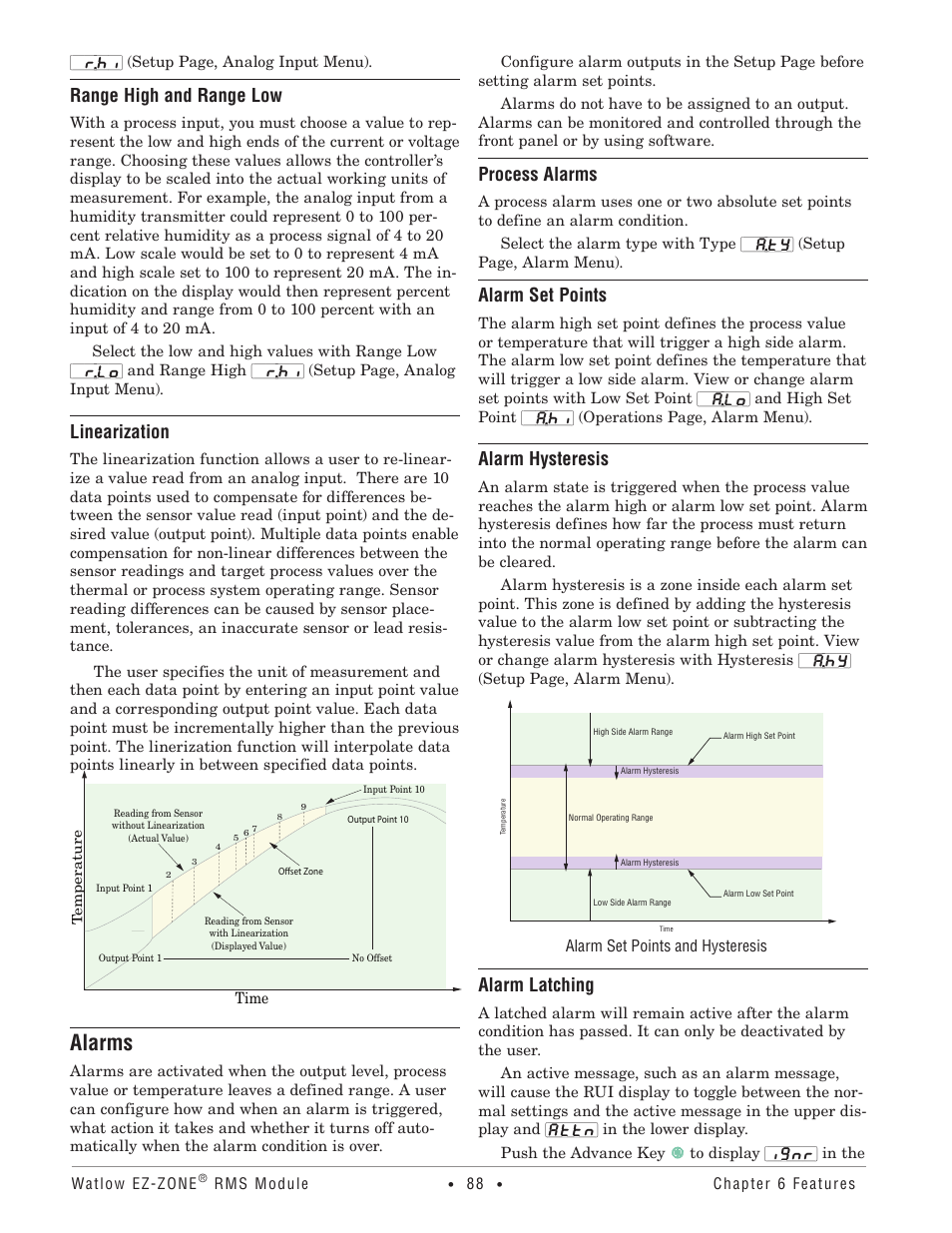 Range high and range low, Linearization, Alarms | Process alarms, Alarm set points, Alarm hysteresis, Alarm latching | Watlow EZ-ZONE RM-Scanner-Modul User Manual | Page 91 / 140