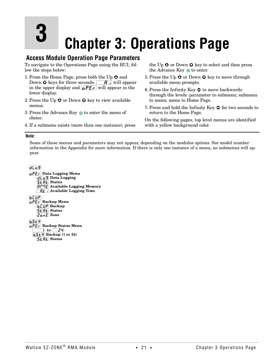 Chapter 3: operations page, Access module operation page parameters | Watlow EZ-ZONE RMA Modul User Manual | Page 24 / 79