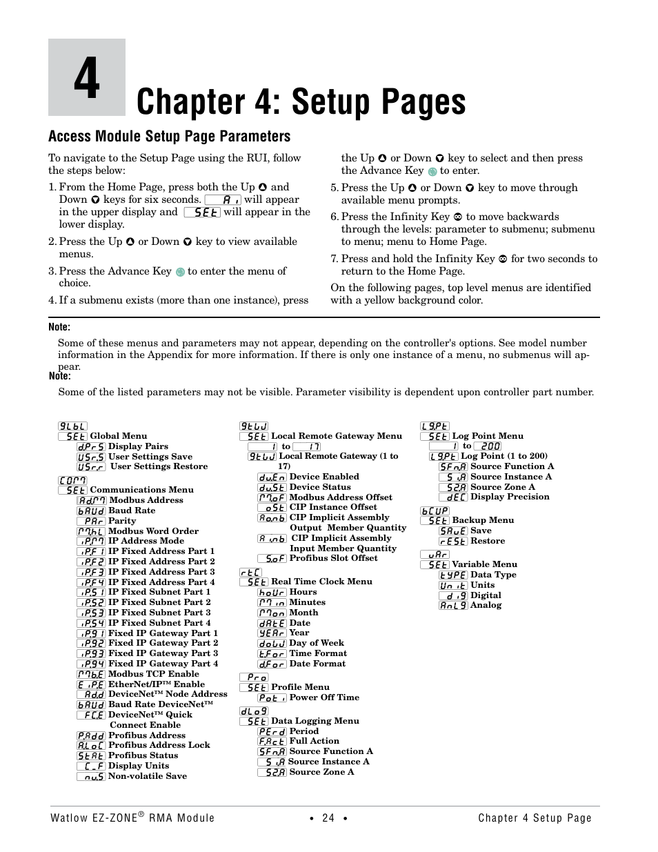 Chapter 4: setup pages, Access module setup page parameters | Watlow EZ-ZONE RMA Modul User Manual | Page 27 / 79