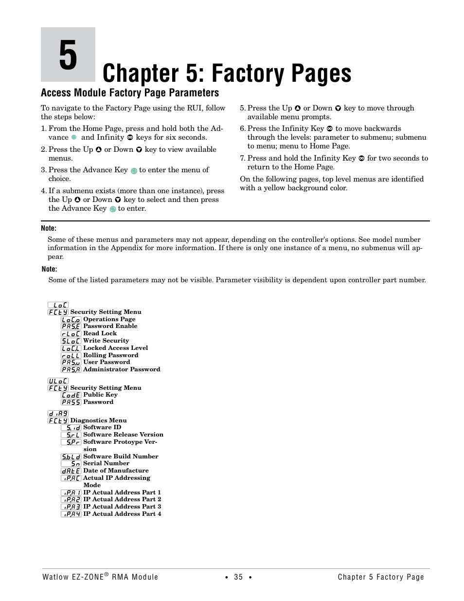 Chapter 5: factory pages, Access module factory page parameters | Watlow EZ-ZONE RMA Modul User Manual | Page 38 / 79