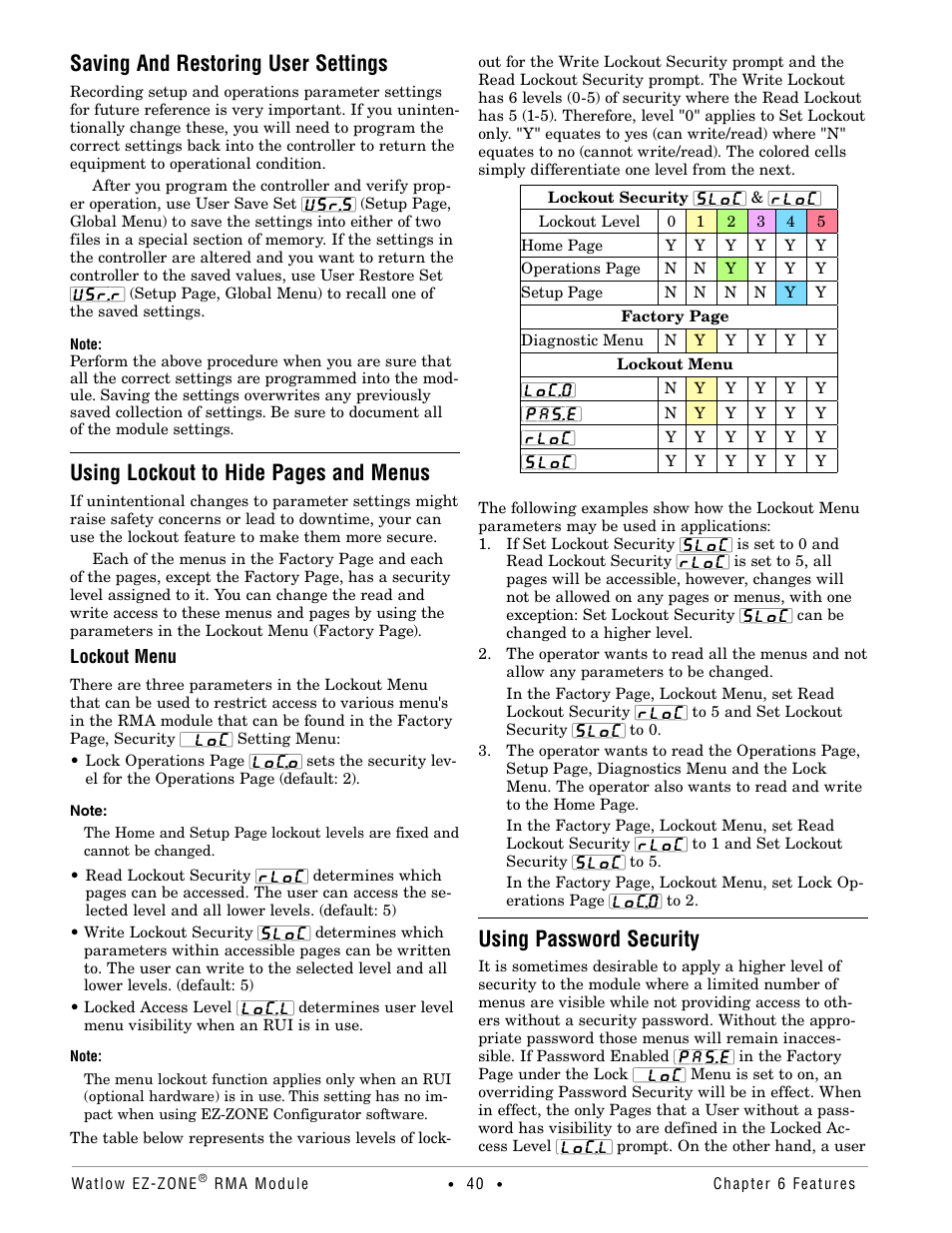 Saving and restoring user settings, Using lockout to hide pages and menus, Using password security | Watlow EZ-ZONE RMA Modul User Manual | Page 43 / 79