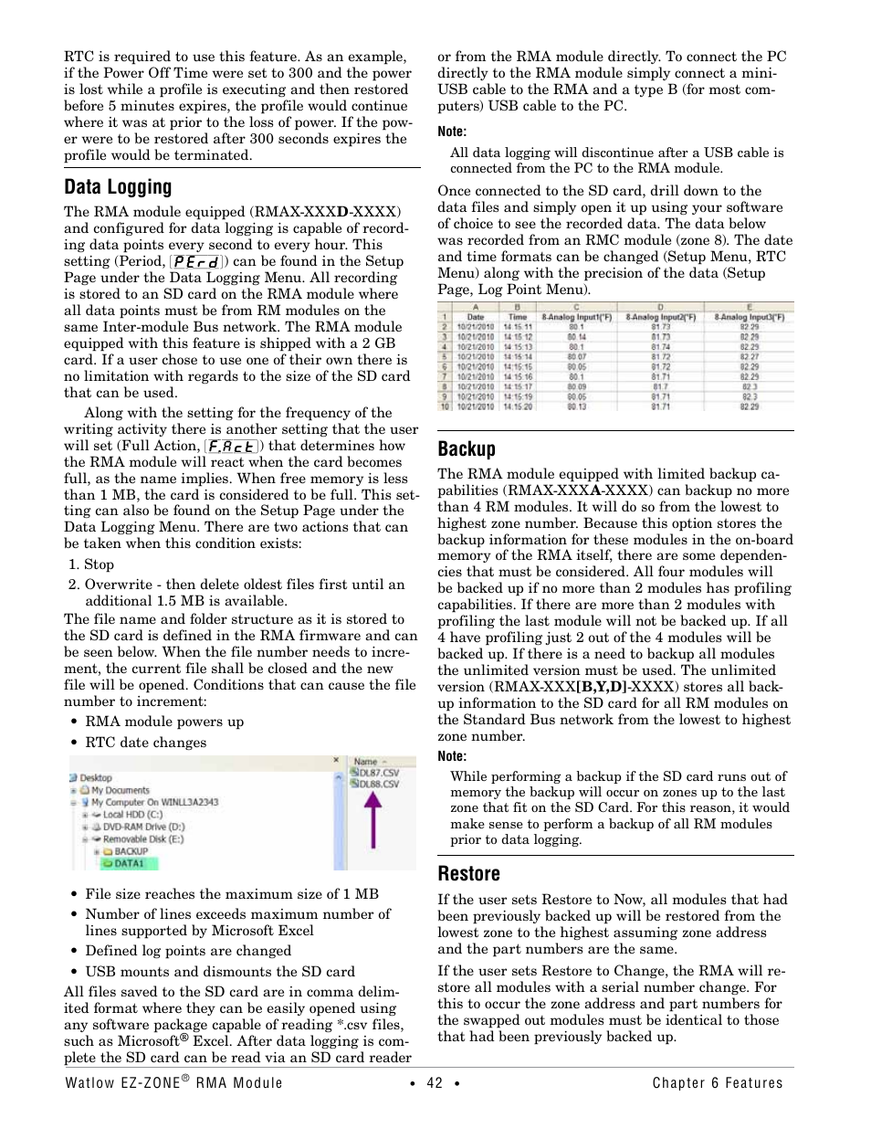 Data logging backup restore, Data logging, Backup | Restore | Watlow EZ-ZONE RMA Modul User Manual | Page 45 / 79