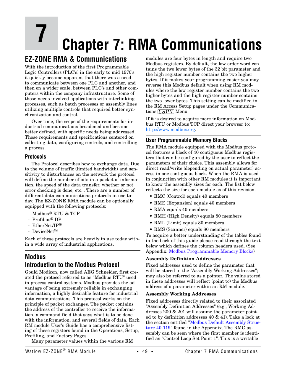 Chapter 7: rma communications, Ez-zone rma & communications, Modbus | Introduction to the modbus protocol, User programmable memory blocks, Ez-zone rma & communications modbus, Modbus introduction to the modbus protocol | Watlow EZ-ZONE RMA Modul User Manual | Page 52 / 79