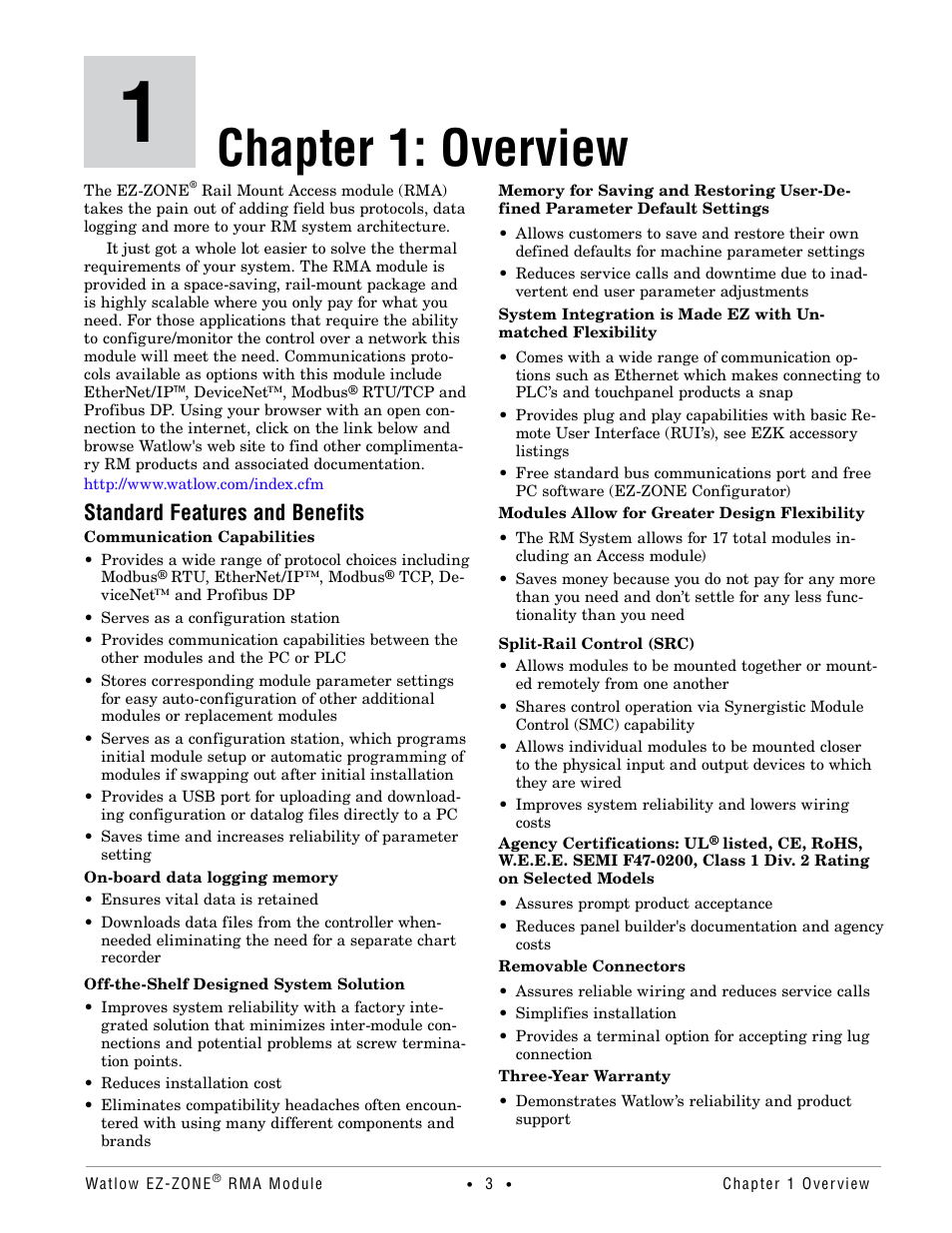 Chapter 1: overview, Standard features and benefits | Watlow EZ-ZONE RMA Modul User Manual | Page 6 / 79