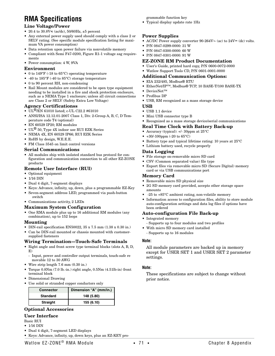 Rma specifications | Watlow EZ-ZONE RMA Modul User Manual | Page 74 / 79