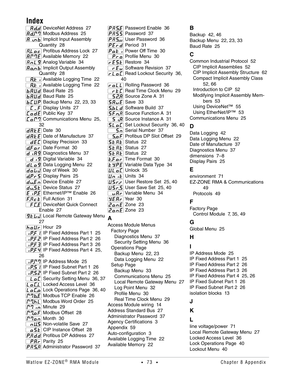 Index | Watlow EZ-ZONE RMA Modul User Manual | Page 76 / 79