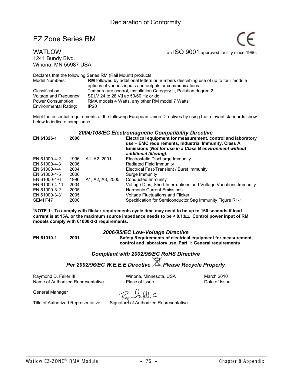 Ez zone series rm, Declaration of conformity, Watlow | Iso 9001 | Watlow EZ-ZONE RMA Modul User Manual | Page 78 / 79