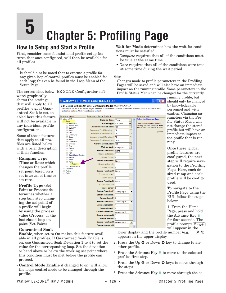 How to setup and start a profile, Chapter 5: profiling page | Watlow EZ-ZONE RMC User Manual | Page 129 / 236