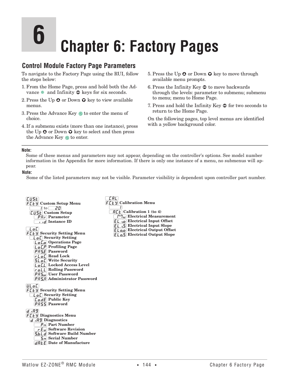 Chapter 6: factory pages, Control module factory page parameters | Watlow EZ-ZONE RMC User Manual | Page 147 / 236