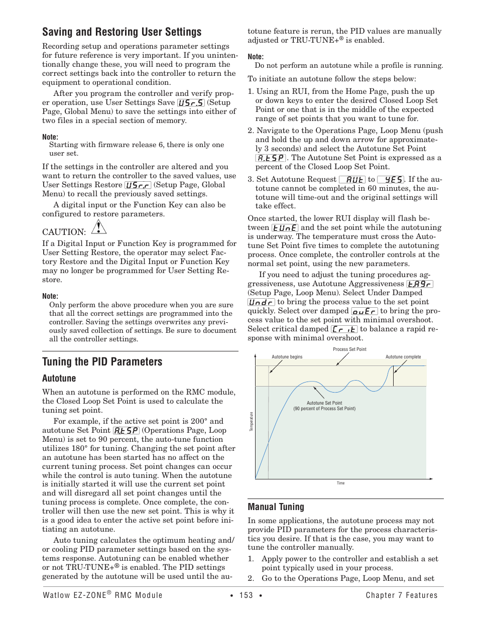 Saving and restoring user settings, Tuning the pid parameters, Autotune | Manual tuning | Watlow EZ-ZONE RMC User Manual | Page 156 / 236