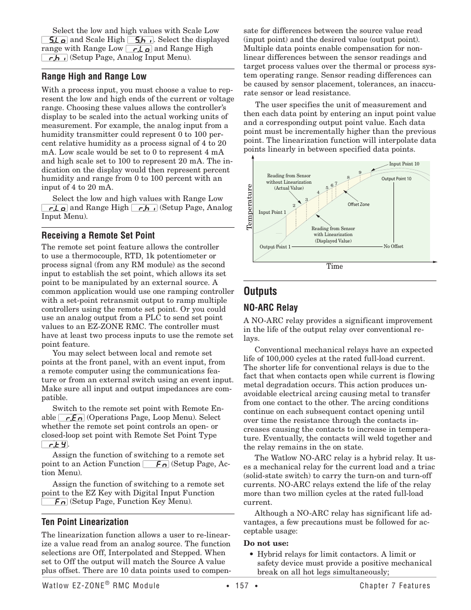 Outputs, Range high and range low, Receiving a remote set point | Ten point linearization, No-arc relay | Watlow EZ-ZONE RMC User Manual | Page 160 / 236