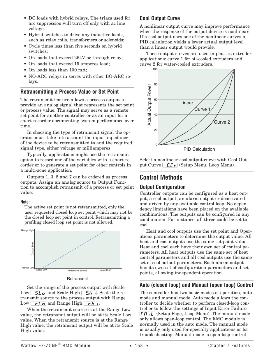 Control methods, Retransmitting a process value or set point, Cool output curve | Output configuration, Auto (closed loop) and manual (open loop) control | Watlow EZ-ZONE RMC User Manual | Page 161 / 236