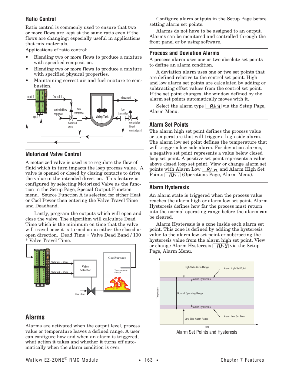 Alarms, Ratio control, Motorized valve control | Process and deviation alarms, Alarm set points, Alarm hysteresis | Watlow EZ-ZONE RMC User Manual | Page 166 / 236