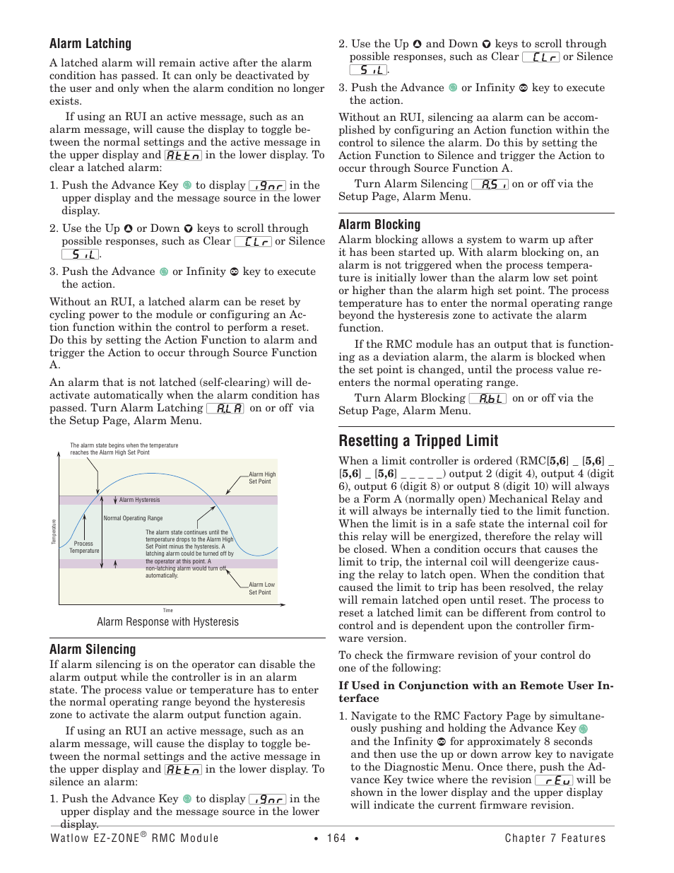 Resetting a tripped limit, Alarm latching, Alarm silencing | Alarm blocking | Watlow EZ-ZONE RMC User Manual | Page 167 / 236