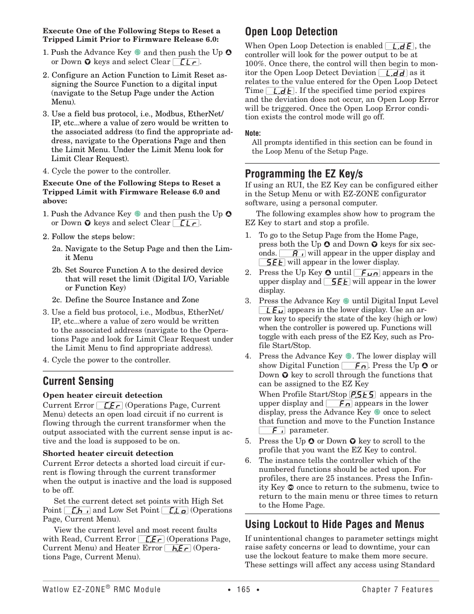 Open loop detection, Programming the ez key/s, Open loop detection programming the ez key/s | Using lockout to hide pages and menus, Current sensing | Watlow EZ-ZONE RMC User Manual | Page 168 / 236