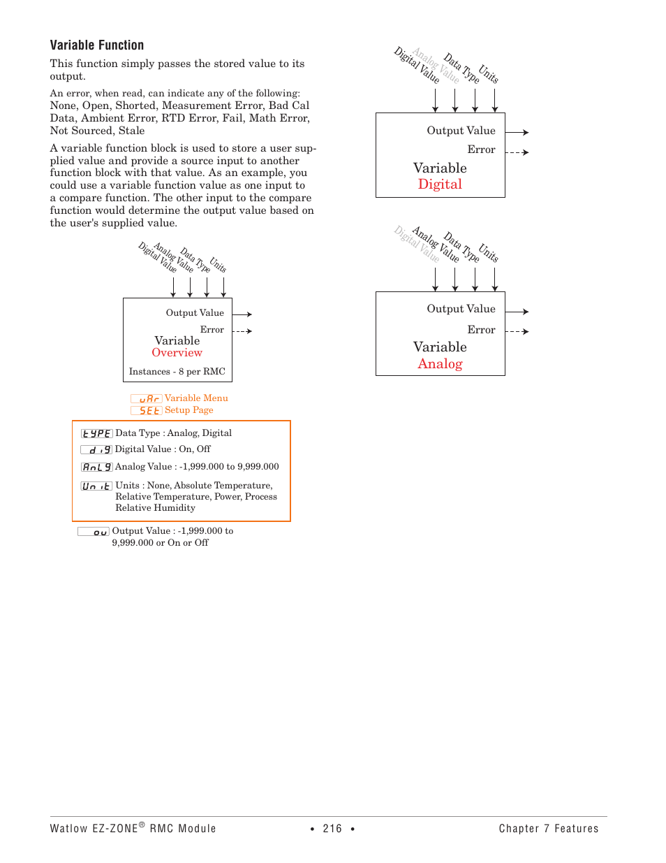 Variable function, Variable digital, Variable analog | Watlow EZ-ZONE RMC User Manual | Page 219 / 236