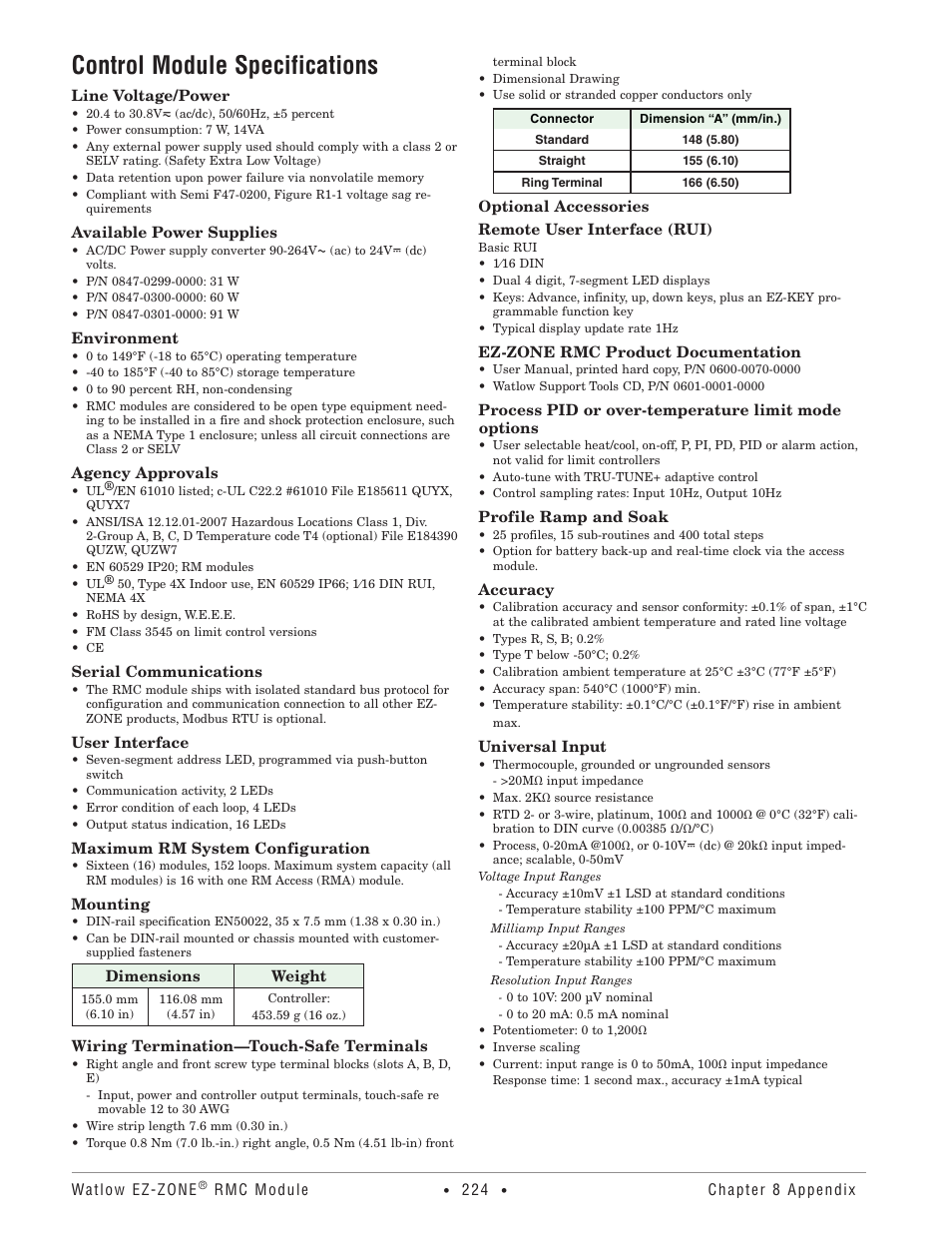 Control module specifications | Watlow EZ-ZONE RMC User Manual | Page 227 / 236