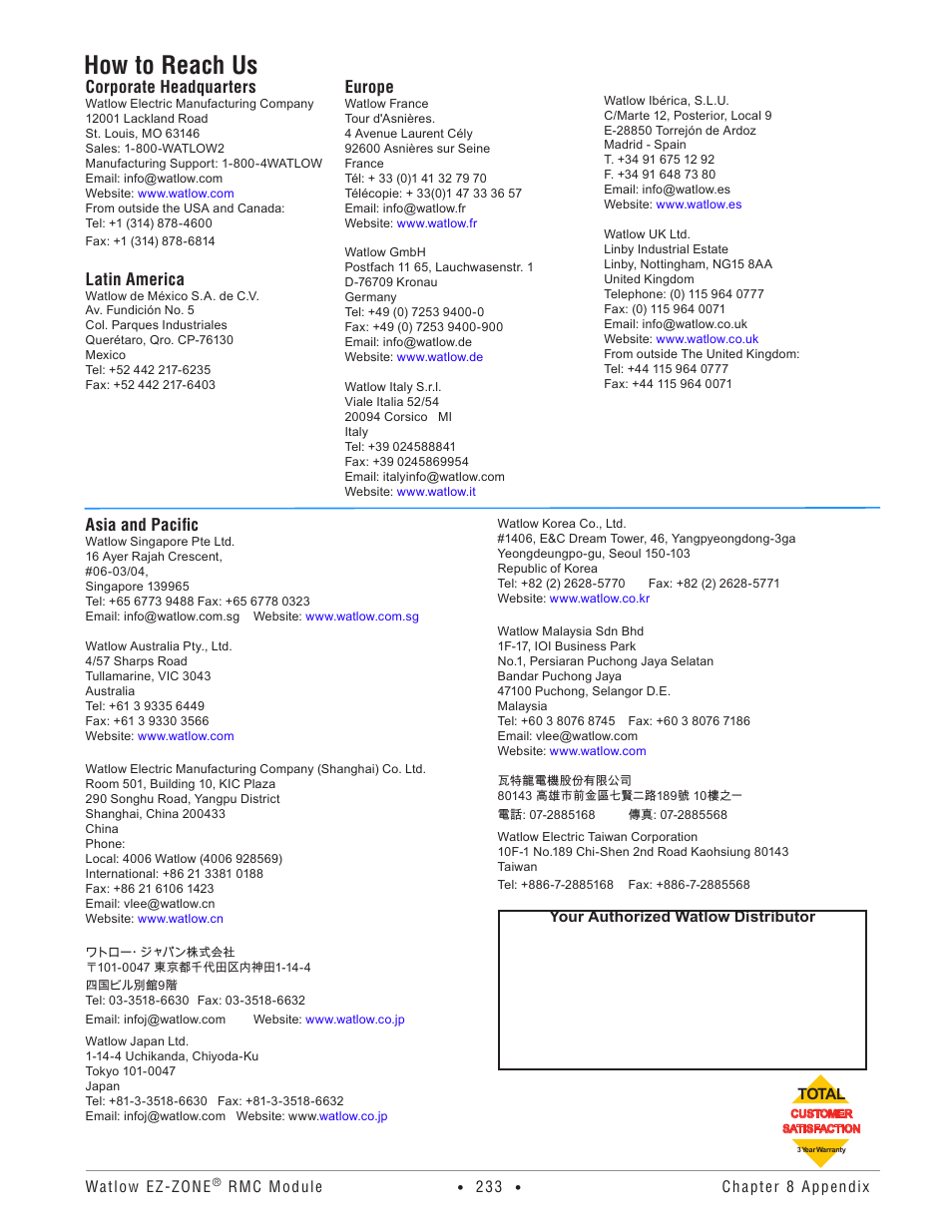 How to reach us, Corporate headquarters, Latin america | Europe, Asia and pacific | Watlow EZ-ZONE RMC User Manual | Page 236 / 236