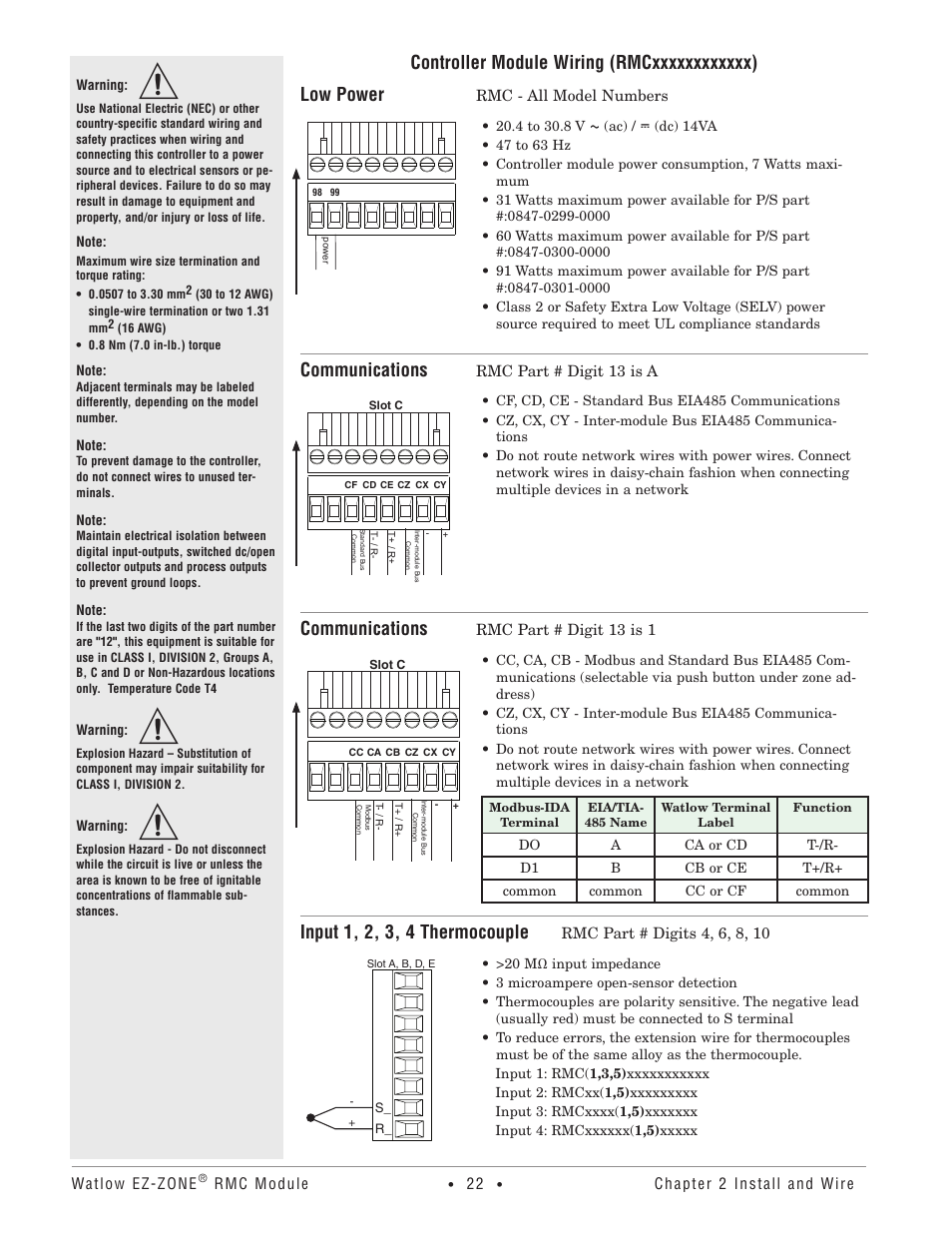 Communications, Input 1, 2, 3, 4 thermocouple | Watlow EZ-ZONE RMC User Manual | Page 25 / 236