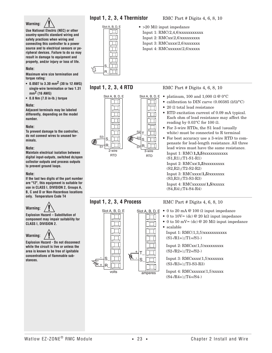 Input 1, 2, 3, 4 thermistor, Input 1, 2, 3, 4 rtd, Input 1, 2, 3, 4 process | Watlow EZ-ZONE RMC User Manual | Page 26 / 236