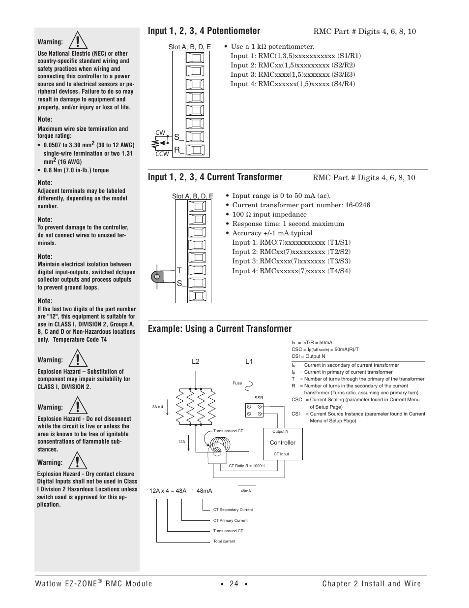 Input 1, 2, 3, 4 potentiometer, Input 1, 2, 3, 4 current transformer, Example: using a current transformer | Watlow EZ-ZONE RMC User Manual | Page 27 / 236