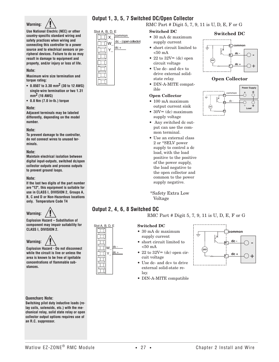 Output 1, 3, 5, 7 switched dc/open collector, Output 2, 4, 6, 8 switched dc | Watlow EZ-ZONE RMC User Manual | Page 30 / 236