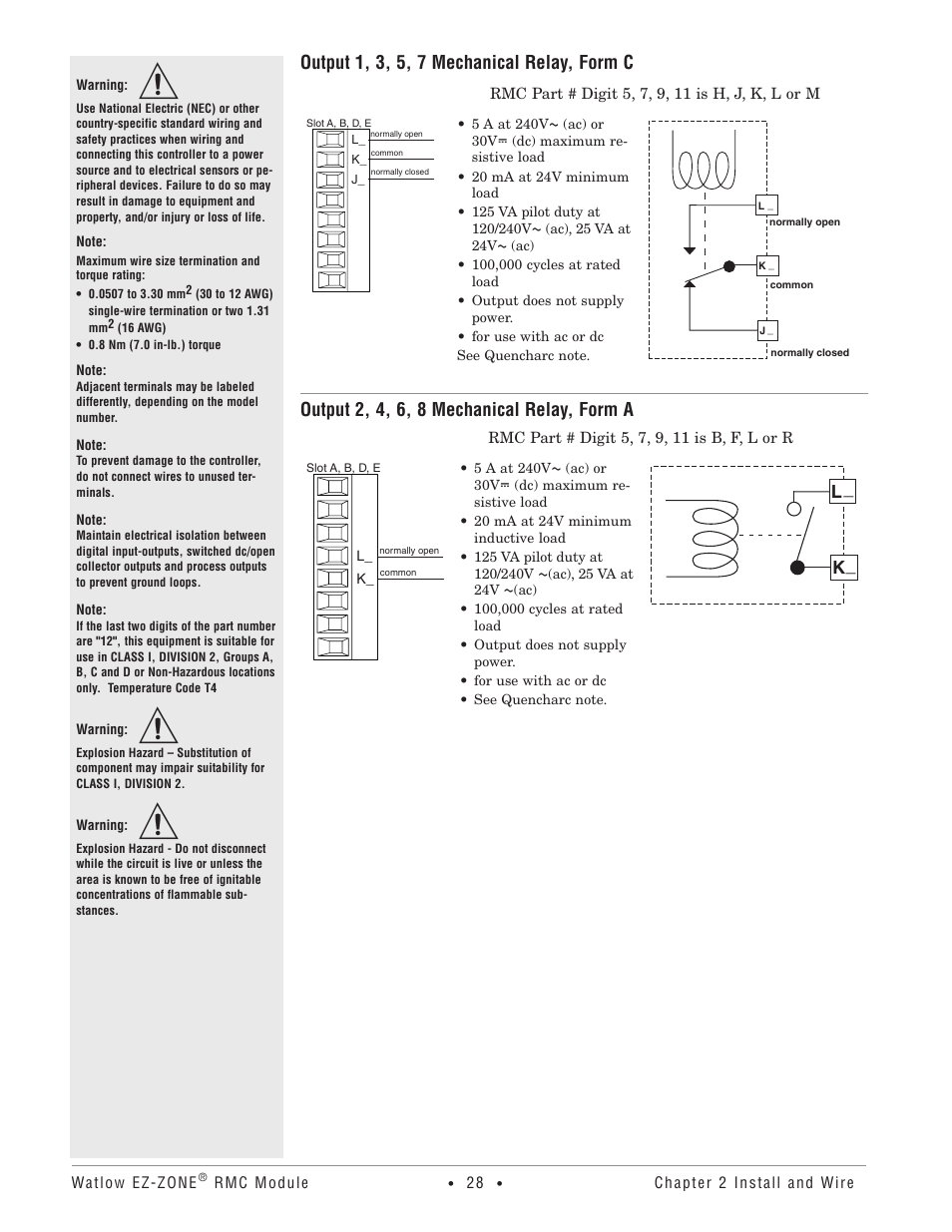 Output 1, 3, 5, 7 mechanical relay, form c, Output 2, 4, 6, 8 mechanical relay, form a, L_ k | Watlow EZ-ZONE RMC User Manual | Page 31 / 236