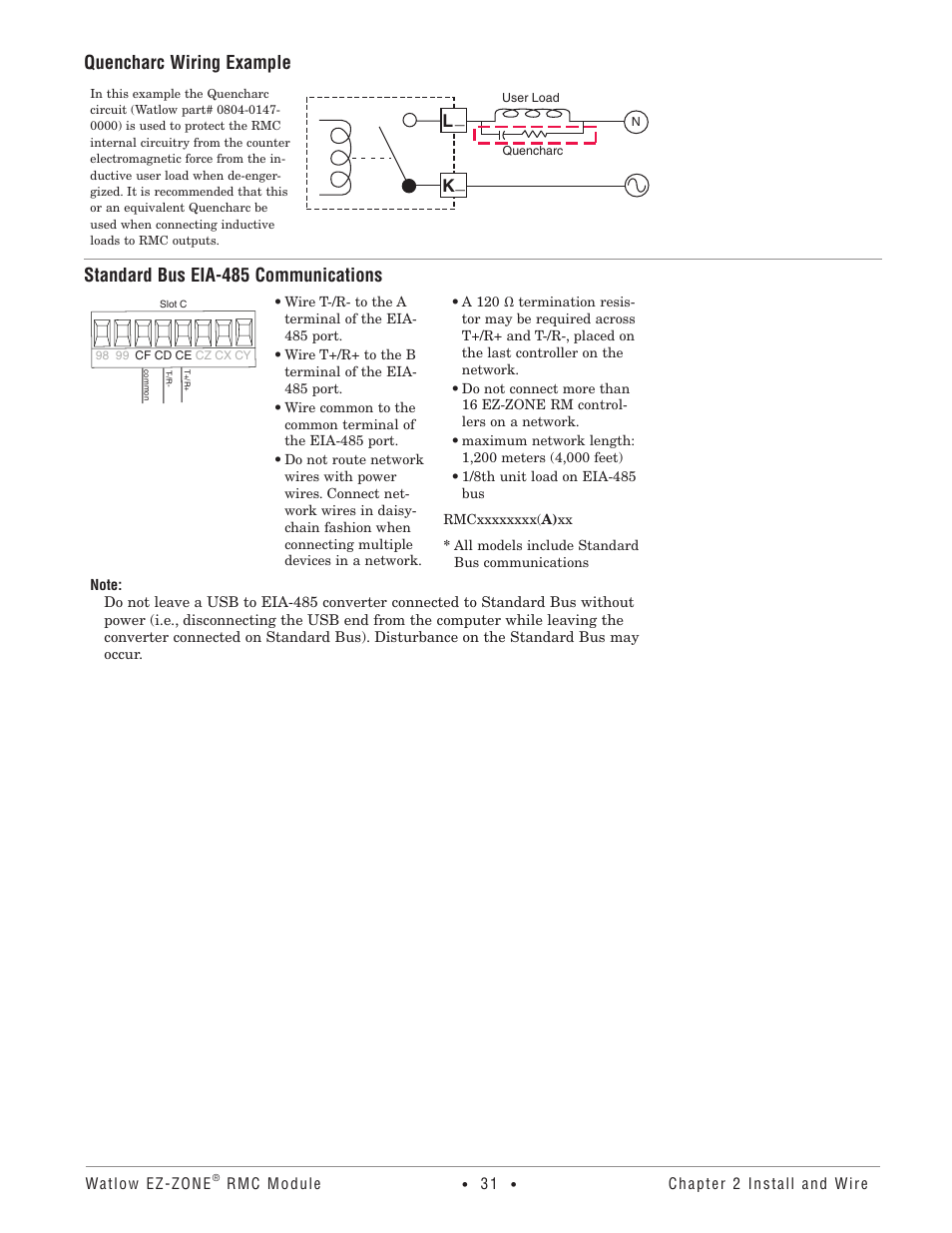 Quencharc wiring example, Standard bus eia-485 communications | Watlow EZ-ZONE RMC User Manual | Page 34 / 236