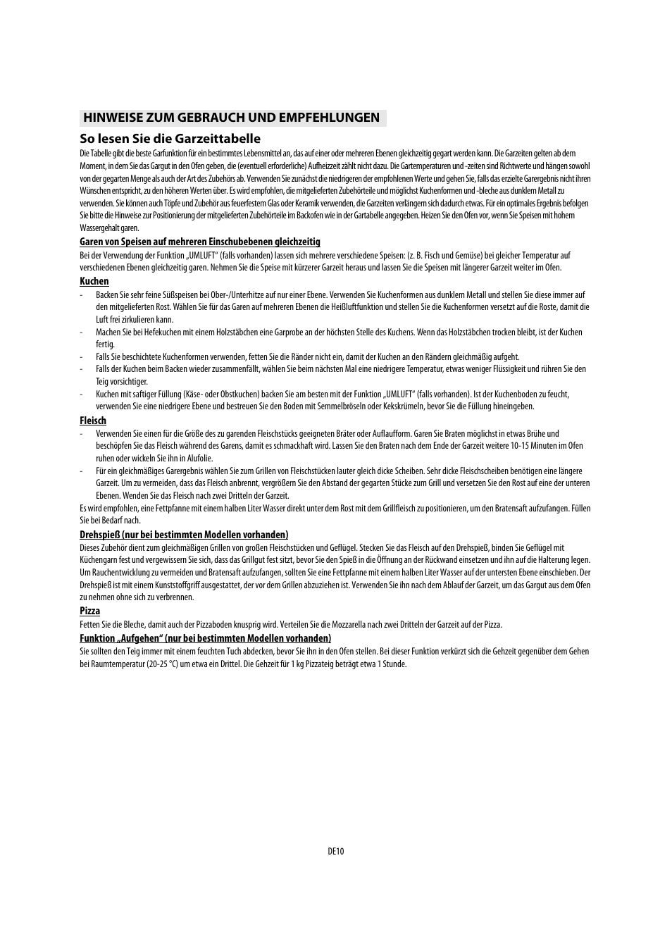 So lesen sie die garzeittabelle, Hinweise zum gebrauch und empfehlungen | Whirlpool AKP541IX User Manual | Page 10 / 39