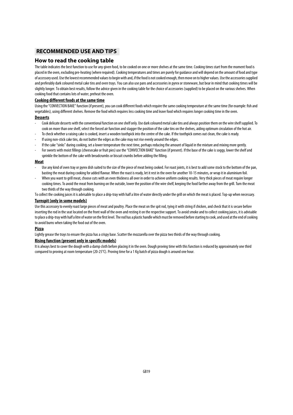 How to read the cooking table, Recommended use and tips | Whirlpool AKP541IX User Manual | Page 19 / 39
