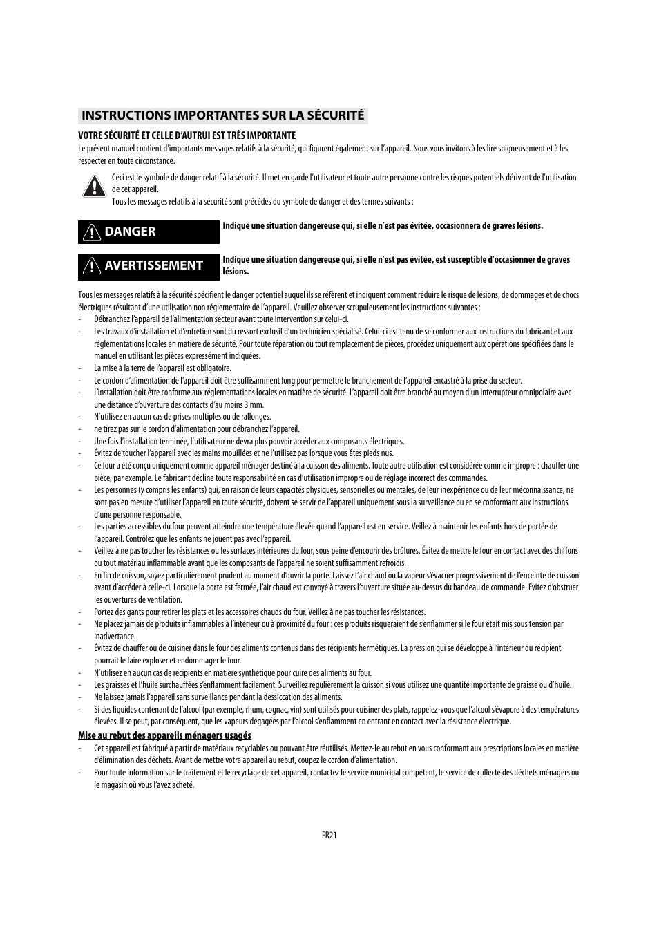 Instructions importantes sur la sécurité, Danger, Avertissement | Whirlpool AKP541IX User Manual | Page 21 / 39