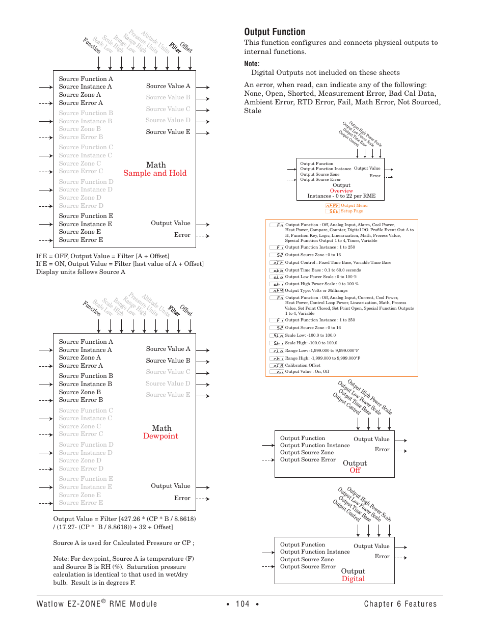 Output function, Watlow ez-zone, Rme module | Chapter 6 features math sample and hold, Math dewpoint, Output off output digital | Watlow EZ-ZONE RME User Manual | Page 107 / 124