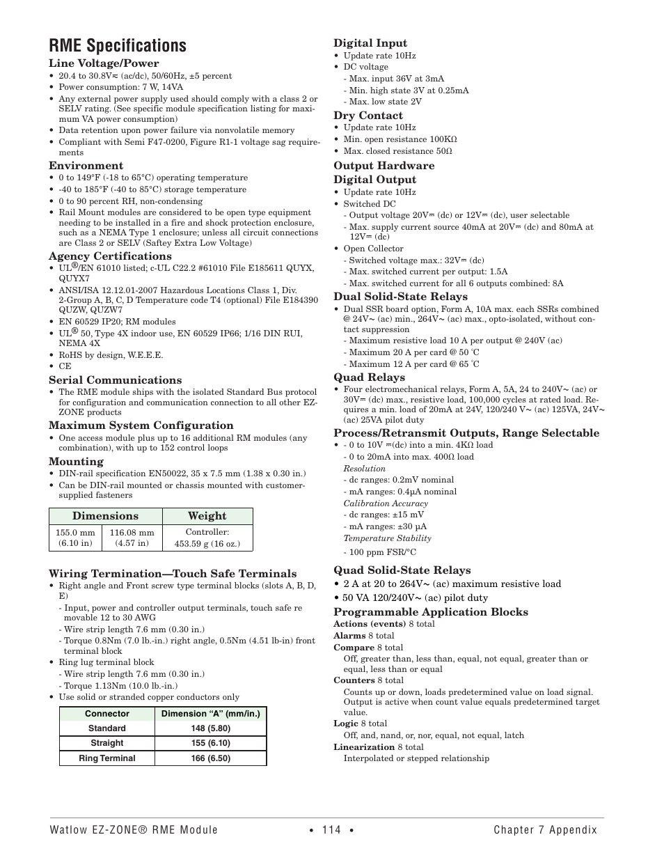 Rme specifications | Watlow EZ-ZONE RME User Manual | Page 117 / 124