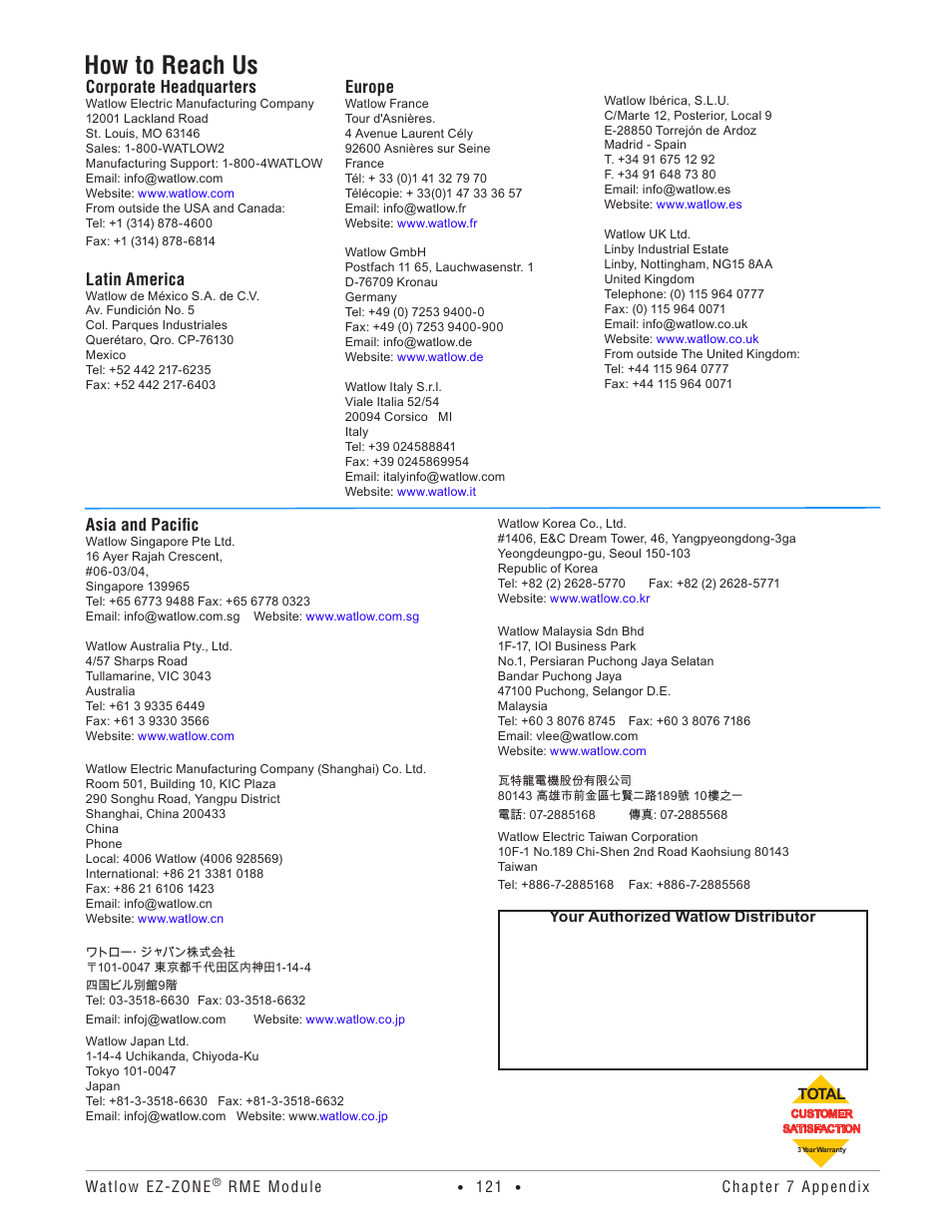 How to reach us, Corporate headquarters, Latin america | Europe, Asia and pacific | Watlow EZ-ZONE RME User Manual | Page 124 / 124