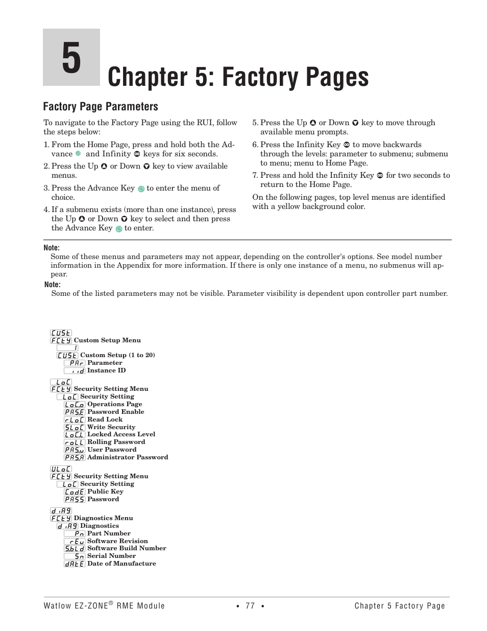 Chapter 5: factory pages, Factory page parameters | Watlow EZ-ZONE RME User Manual | Page 80 / 124